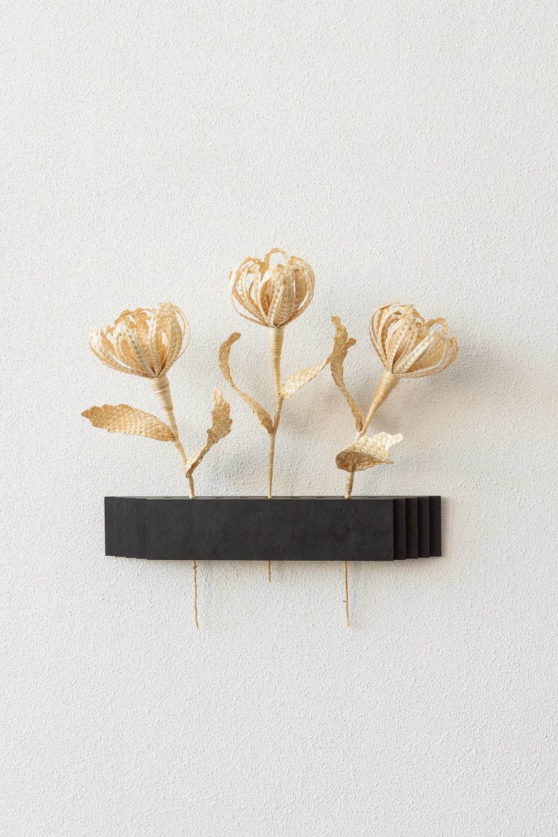 Set of three flowers and wall vase Vase with a straw flowers Holder for dried flowers Wood wall hanging Minimalist vase Geometric decor image 2