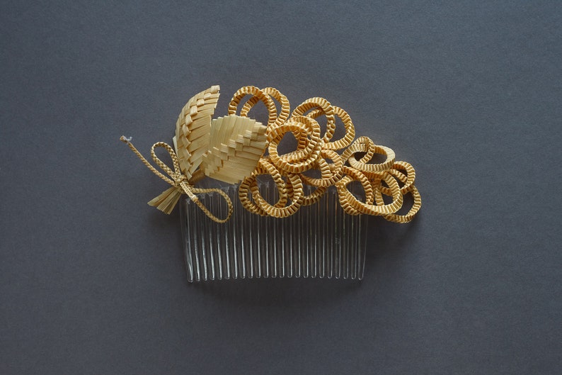 Ornamental comb with straw flower Original handmade combs Hair decoration image 7