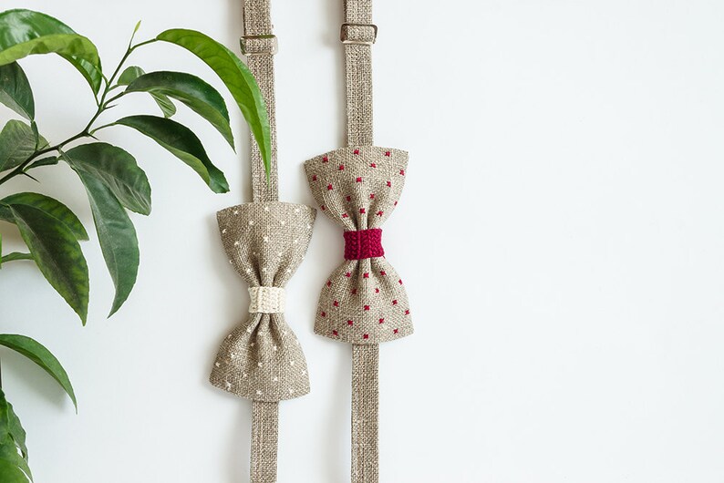May include: Two bow ties with adjustable straps hang against a white background. One is beige with white dots and a cream-colored center. The other is beige with red squares and a red center. A green plant is in the upper left corner.