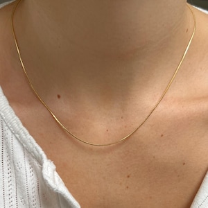 Op de afbeelding: Een dunne, goudkleurige slangenketting die om de hals rust. De ketting heeft een glad, flexibel en doorlopend ontwerp van metalen schakels dat een eenvoudige, cirkelvormige lijn vormt rond de basis van de keel.
