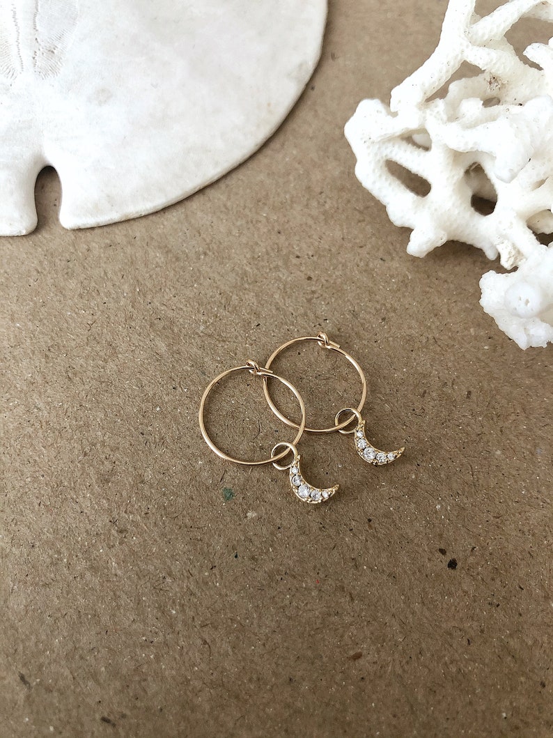 Shiny moon hoop earrings gold filled
