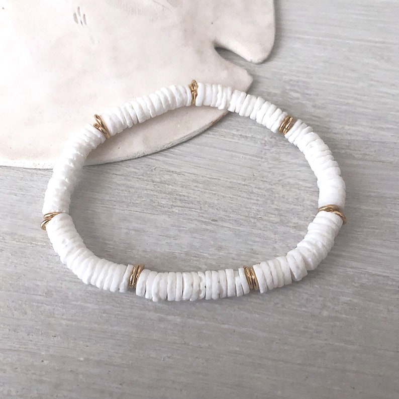Heishi bead bracelet elastic pearl discs seashell white gold | Etsy