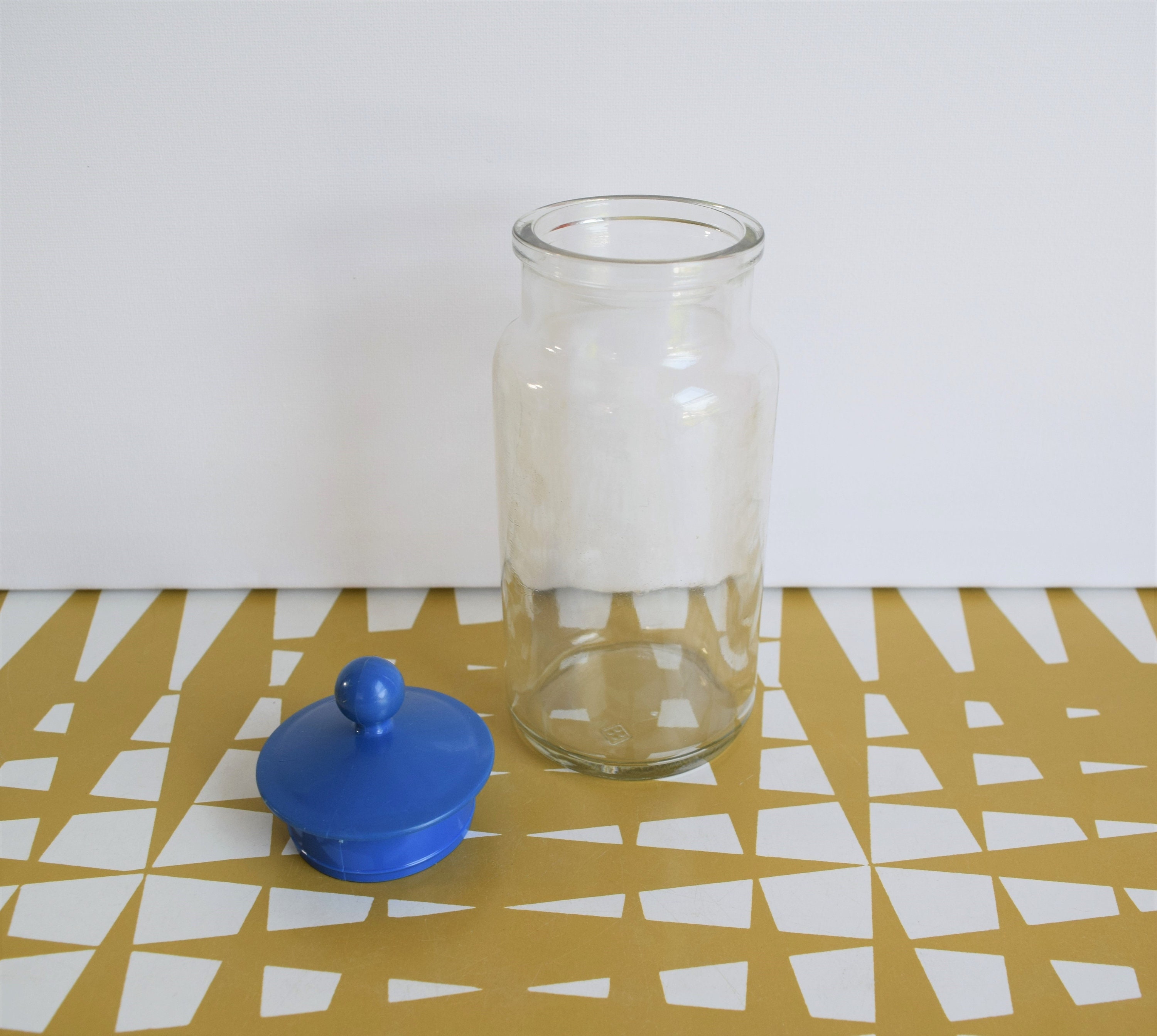 Vintage glass storage jar with blue plastic lid. Retro kitchen Etsy