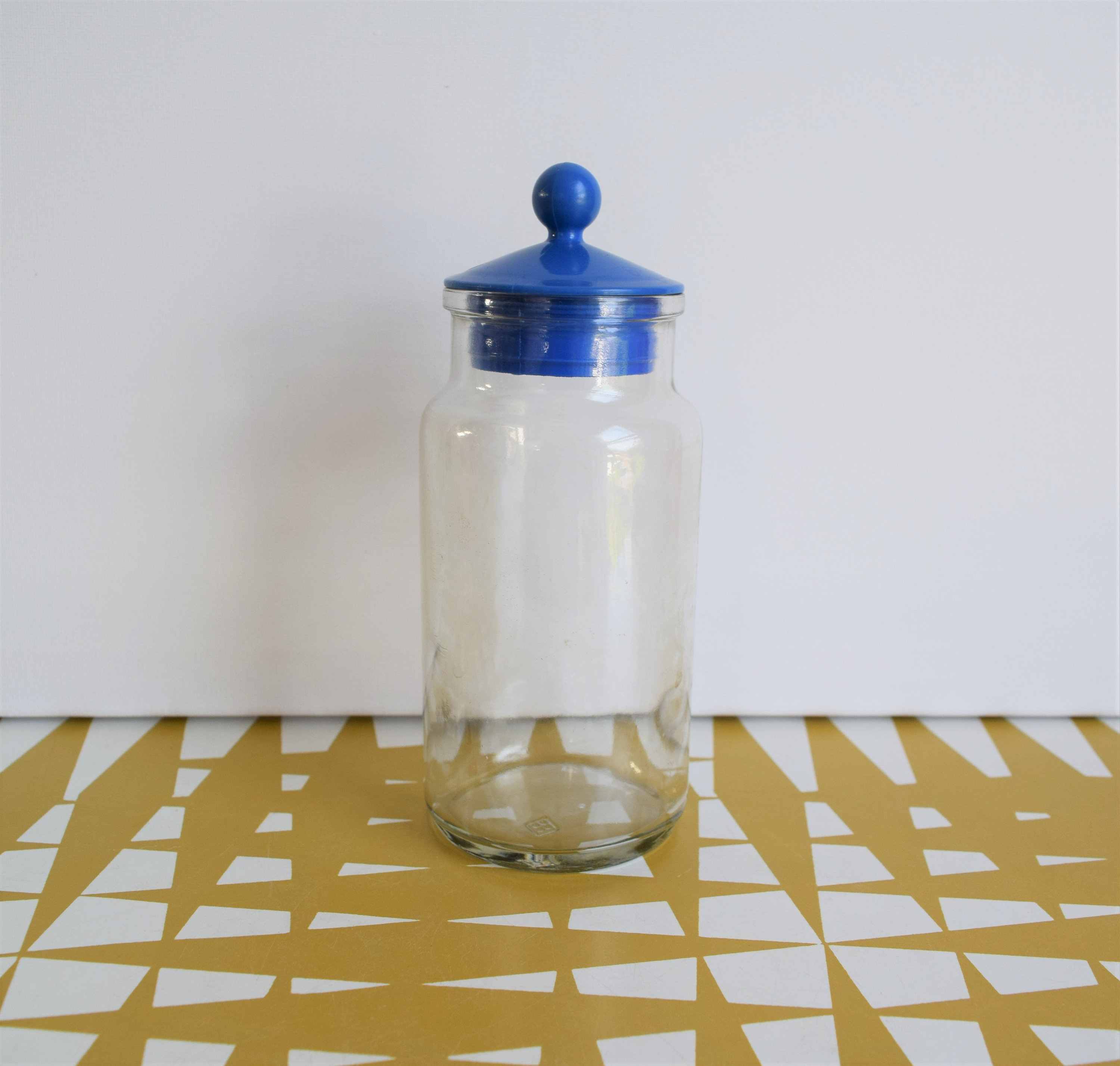 Vintage glass storage jar with blue plastic lid. Retro kitchen Etsy