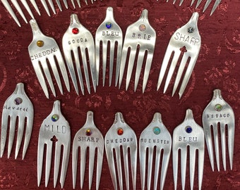 Mismatched Vintage Flatware & Rhinestone Hand Stamped Charcuterie Board Cheese Markers Set of Four