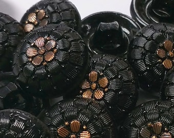 Vintage 18mm Black German Glass, 24k gold hand painted flowers (3)
