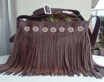 Brown, khaki,medium,crossbody, leather bag.Bohemian  fringe bag. Boho,hippie fringe,bag.Gift for woman.Women's purse.Vintage, shoulder bag.