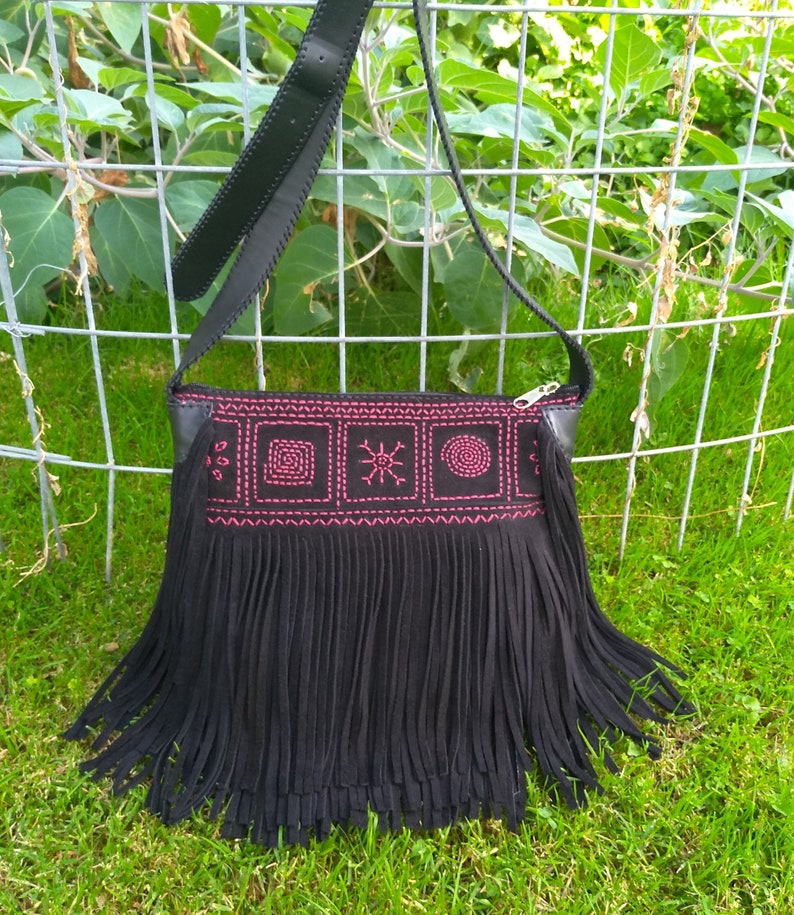 Black, Medium, Crossbody, Fringe, Leather Bag., Handmade,bohemian