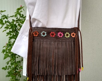 Brown small crossbody fringe leather bag. Bohemian, hippie, festival, leather bag.Small ,messenger ,fringe bag.Gift for woman.women's purse.