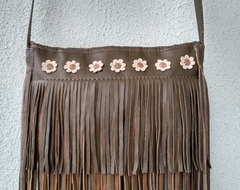 Brown, khaki,medium,crossbody, leather bag.Bohemian  fringe bag. Boho,hippie fringe,bag.Gift for woman.Women's purse.Vintage, shoulder bag.