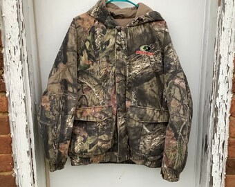 Y2K Rip Stop Fleece Lined Camo Zip Up Mossy Oak Hooded Hunting Jacket with Snap Pockets XL