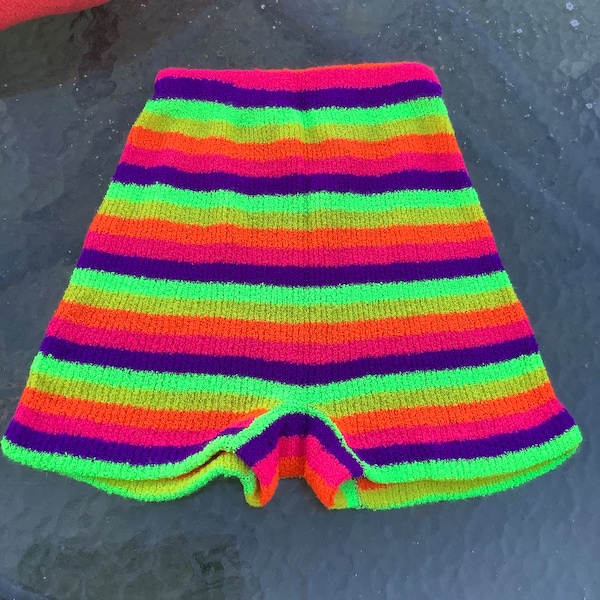 1970s Herald House Day Glo Rainbow Knitted Disco Hot Pants Raver LGBT Gay Pride Roller Derby XS