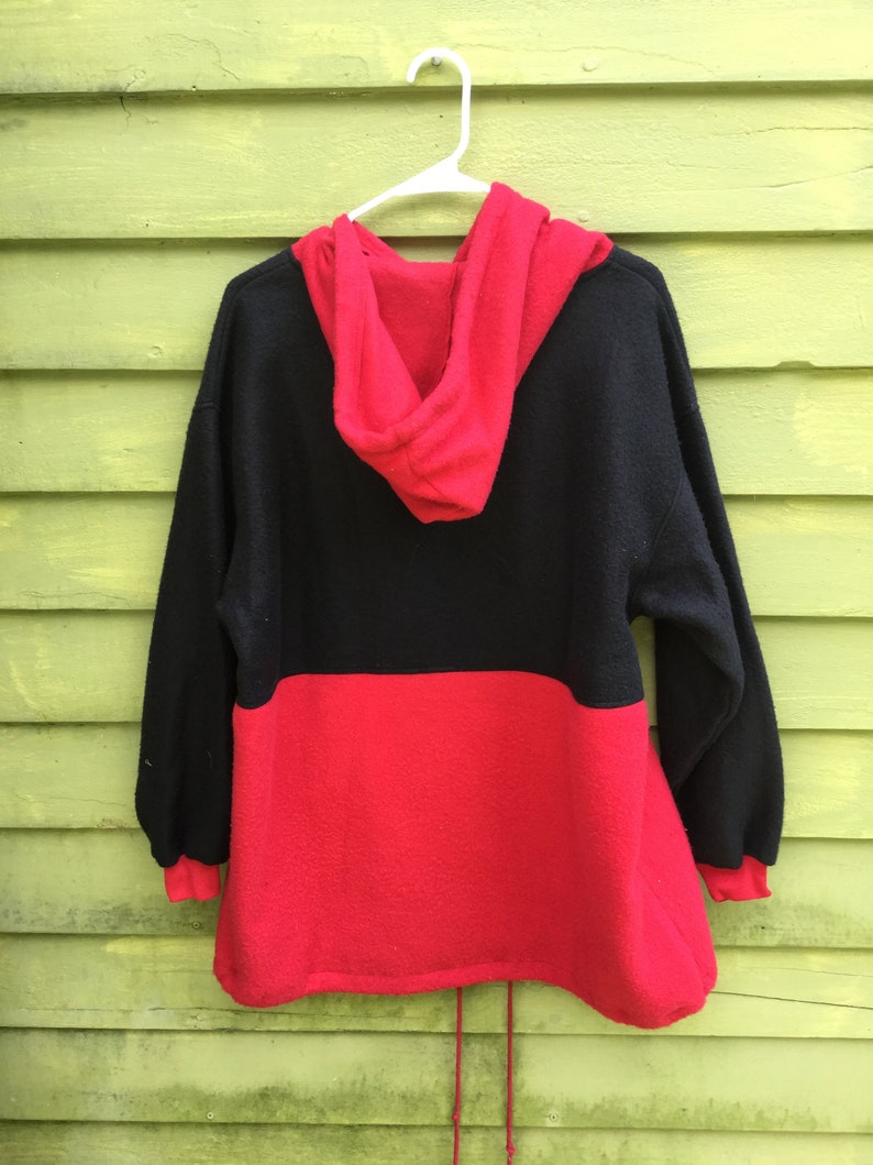 1990s Early 200os Harbural Brand Minimalist Red and Black Color Blocked Plus Size Fleece Pullover Anorak XL