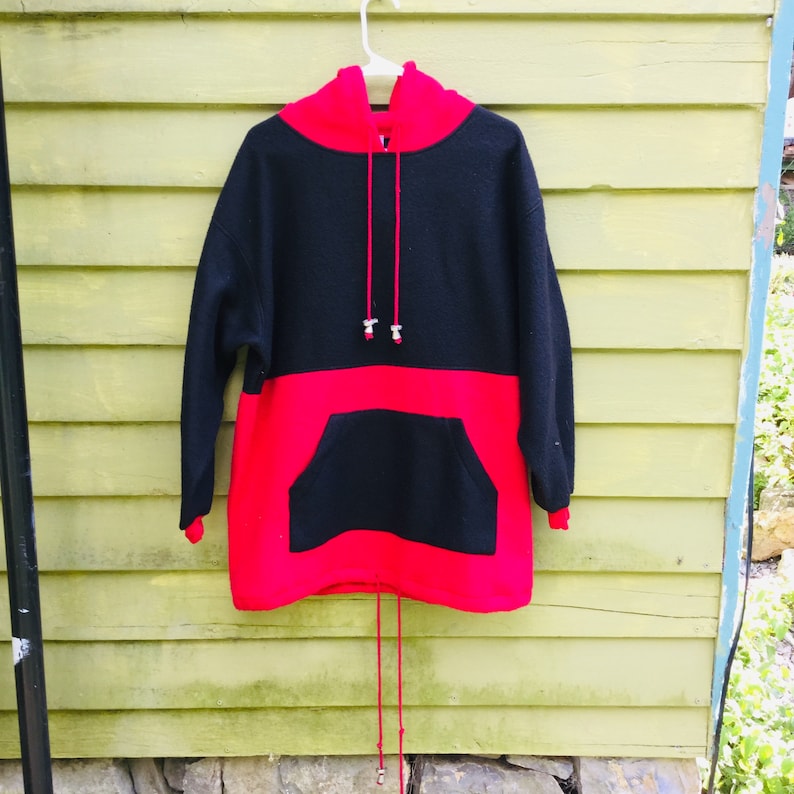 1990s Early 200os Harbural Brand Minimalist Red and Black Color Blocked Plus Size Fleece Pullover Anorak XL