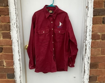 1990s Cabela’s Made in the USA Dark Red Flannel Button Down Camping Shirt with Duck Embrodery XL Tall Goblincore Hipster Workwear