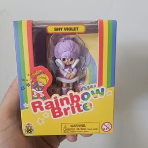 May include: A Rainbow Brite Shy Violet collectible figure in a yellow box with rainbow stripes. The figure has purple hair, round glasses, and a purple dress with a star. The box features the text Shy Violet, Rainbow Brite, and a warning label.