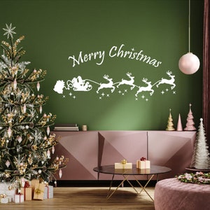Flying Santa and Reindeer Decal - Christmas Decorations, Santa Sleigh & Reindeer Sticker, Vinyl Lettering for Holiday Gifts