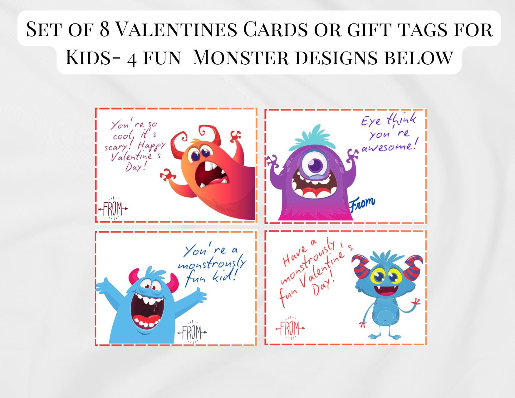 Monster Valentine's Day Classroom Exchange Cards Gift Tags 4 Unique ...