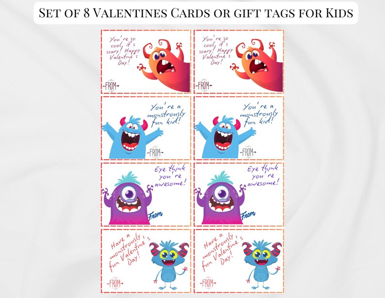 Monster Valentine's Day Classroom Exchange Cards Gift Tags 4 Unique ...
