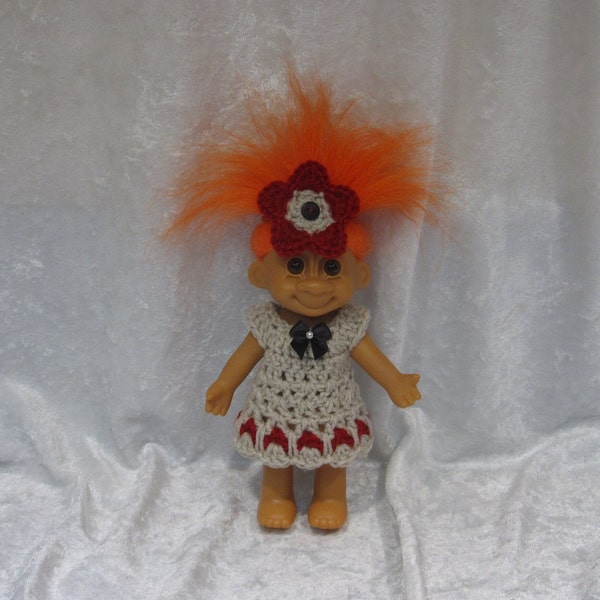 Made to Fit Your 7" TRACEY TROLL Doll, Handmade Outfit ~ Crochet Dress and Crocheted Flower Headband ~ Cherry and Taupe