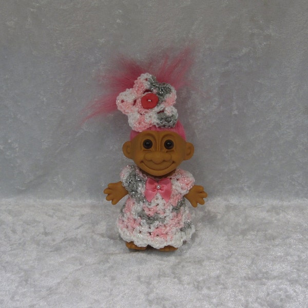 TROLL 5" Dam, Russ & Wishnik Troll Dolls ~ Handmade Outfit Crochet Dress and Crocheted Star Headband  ~PINK DOVE