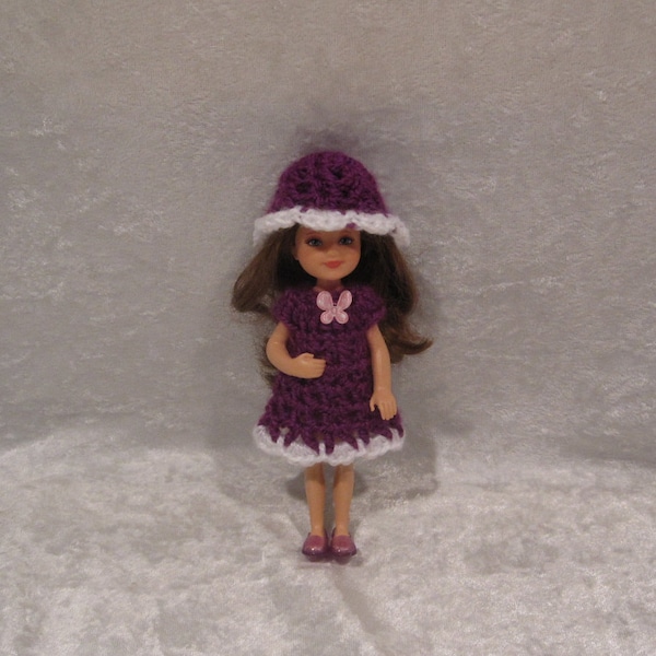 CHELSEA Doll Clothes Crochet Outfit ~  Handmade Dress and Hat Set for your 5.5" doll ~ Magenta Spring