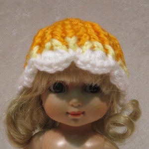ANN Estelle, Patsy and Sophie 10 inch Dolls Crochet HAT ~ Handmade CAP Beanie  Orange & Yellow Yarn w/White Brim