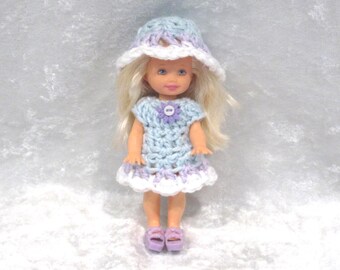 Made to fit your 4.5-inch doll, Handmade Crocheted Dress and Hat, SKY BLUE Set #Kelly22