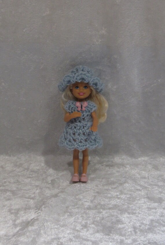 CHELSEA Doll Clothes Crochet Outfit Handmade Dress and Hat Set for your 5.5 doll GLISTENING BLUE