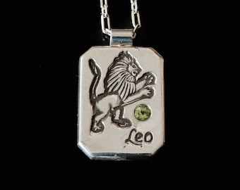 Leo Necklace, Custom Zodiac Necklace, Horoscope Necklace, Astrology Necklace, July Leo Ruby, August Leo Peridot, Fine Silver