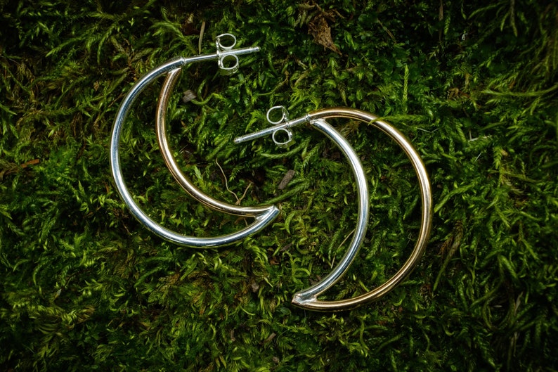 Crescent Moon Hoop Earrings, Mismatched, Mix Metal, Sterling Silver, Gold Filled image 2