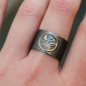 18K Gold Japanese Celestial Sky Ring, Japanese Wave, Kintsugi Hamaki Band Ring, Cigar Band Ring, Oxidized Sterling Silver