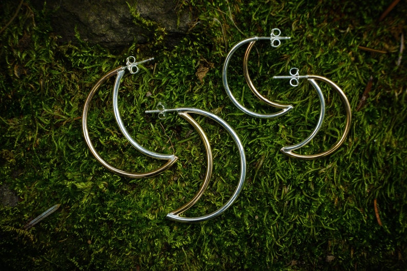 Crescent Moon Hoop Earrings, Mismatched, Mix Metal, Sterling Silver, Gold Filled image 1