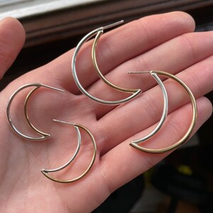Crescent Moon Hoop Earrings, Mismatched, Mix Metal, Sterling Silver, Gold Filled image 3