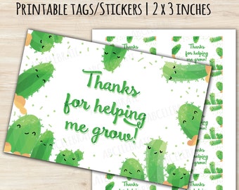 Thanks For Helping Me Grow Printable Cactus Succulent Tag / Sticker, End of School Year Plant Favor, Teacher Appreciation | Coach Plant Gift