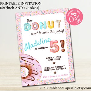 Donut Birthday Party Invitation Pink Girl | Donut Want to Miss it | Donut Party Invite | 5x7 inch Printable | Personalized Custom Invitation