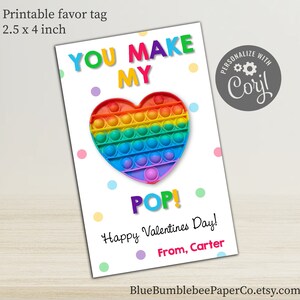 You Make My Heart Pop | Popper Favor Tag | Valentines Day | Kids Fidget Poppers Gift Party Favor | Valentines Popper Card | Printable