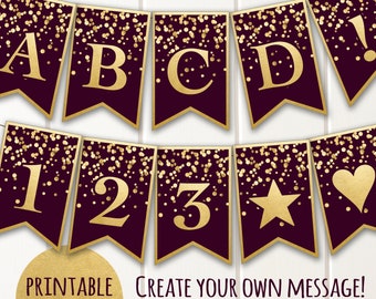 Printable Banner | Merlot Gold Confetti Glitter | Burgundy Maroon Wine | A-Z, Numbers, Punctuation Create Your Message | Congrats Graduation