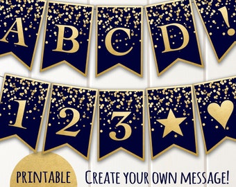 printable banner navy gold confetti glitter alphabet a z etsy