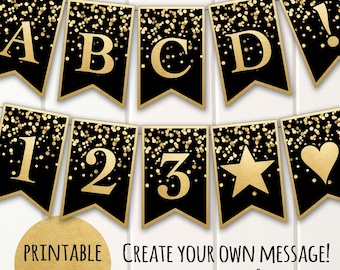 printable banner black gold confetti glitter alphabet a z etsy