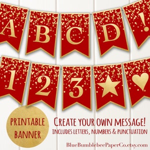 Banner imprimible / Confeti rojo dorado con purpurina / Alfabeto A-Z, números y puntuación / Crea tu propio mensaje / Felicitaciones, graduación, cumpleaños