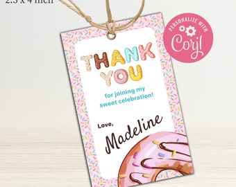 Donut Birthday Party Favor Tag | Sweet Celebration Favor Tag Sticker Label | Doughnuts Girls Printable Decor | Personalized Editable Favors