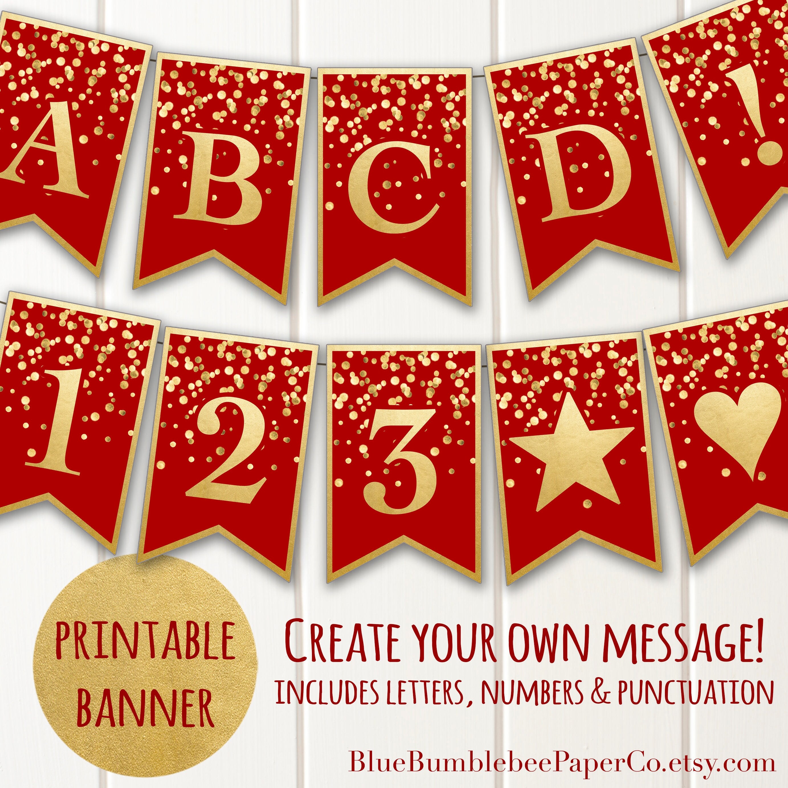 printable banner red gold confetti glitter alphabet a z etsy