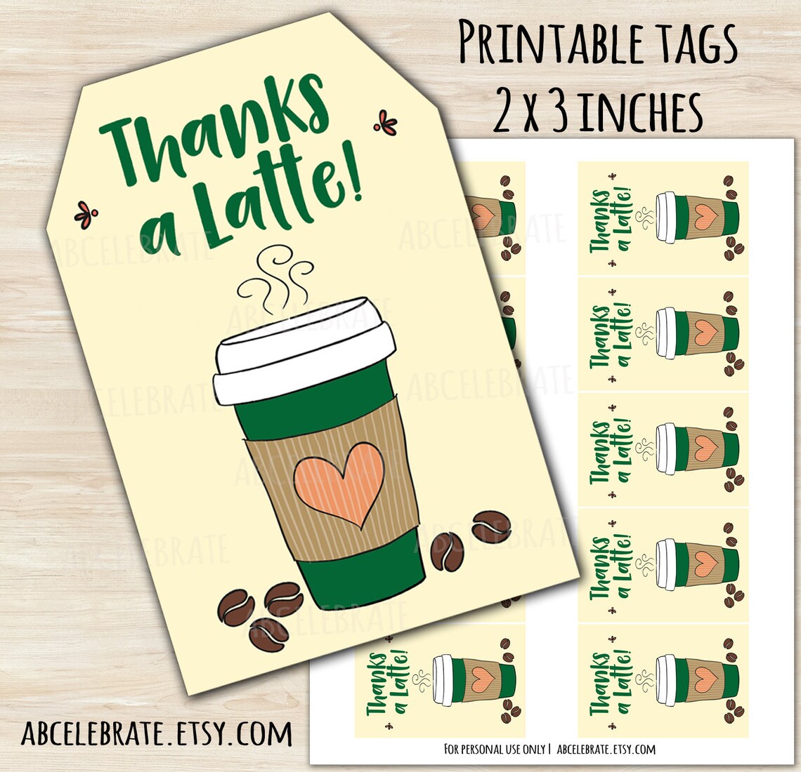 Thanks A Latte! Printable Tag/sticker DIY Digital Gift/favor Tag
