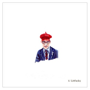 Puede incluir: Una pintura de una persona que lleva un gorro rojo, gafas y un traje azul con una corbata roja y blanca. La pintura está firmada "K. Scafuro".