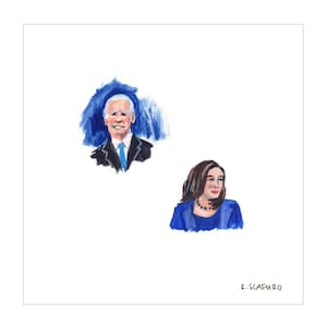 May include: A painting of two people, a man and a woman, with blue backgrounds. The man is wearing a blue suit and tie, and the woman is wearing a blue dress. The painting is signed "K. Scafuro".