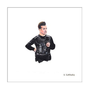 May include: A black and white illustration of a man wearing a black sweater with a sparkly design. The man is looking to the right and has a serious expression on his face. The illustration is signed "K. SCATURO" in the bottom right corner.