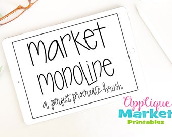 May include: A white tablet with a black border displaying the text "market monoline" in black cursive font. Below the text is the phrase "a perfect procreate brush" in smaller black cursive font. The bottom right corner of the tablet has the text "Applique Market Printables" in a colorful font.
