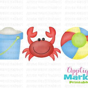 Red Crab Beach Trio Ball Bucket Pail Watercolor Printable PNG Clipart for Digital Download, Sublimation and Heat Transfer Printables