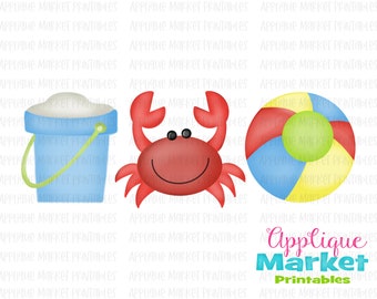 Red Crab Beach Trio Ball Secchio Pail Acquerello Stampabile CLIPart PNG per il download digitale, sublimazione e trasferimento di calore stampa